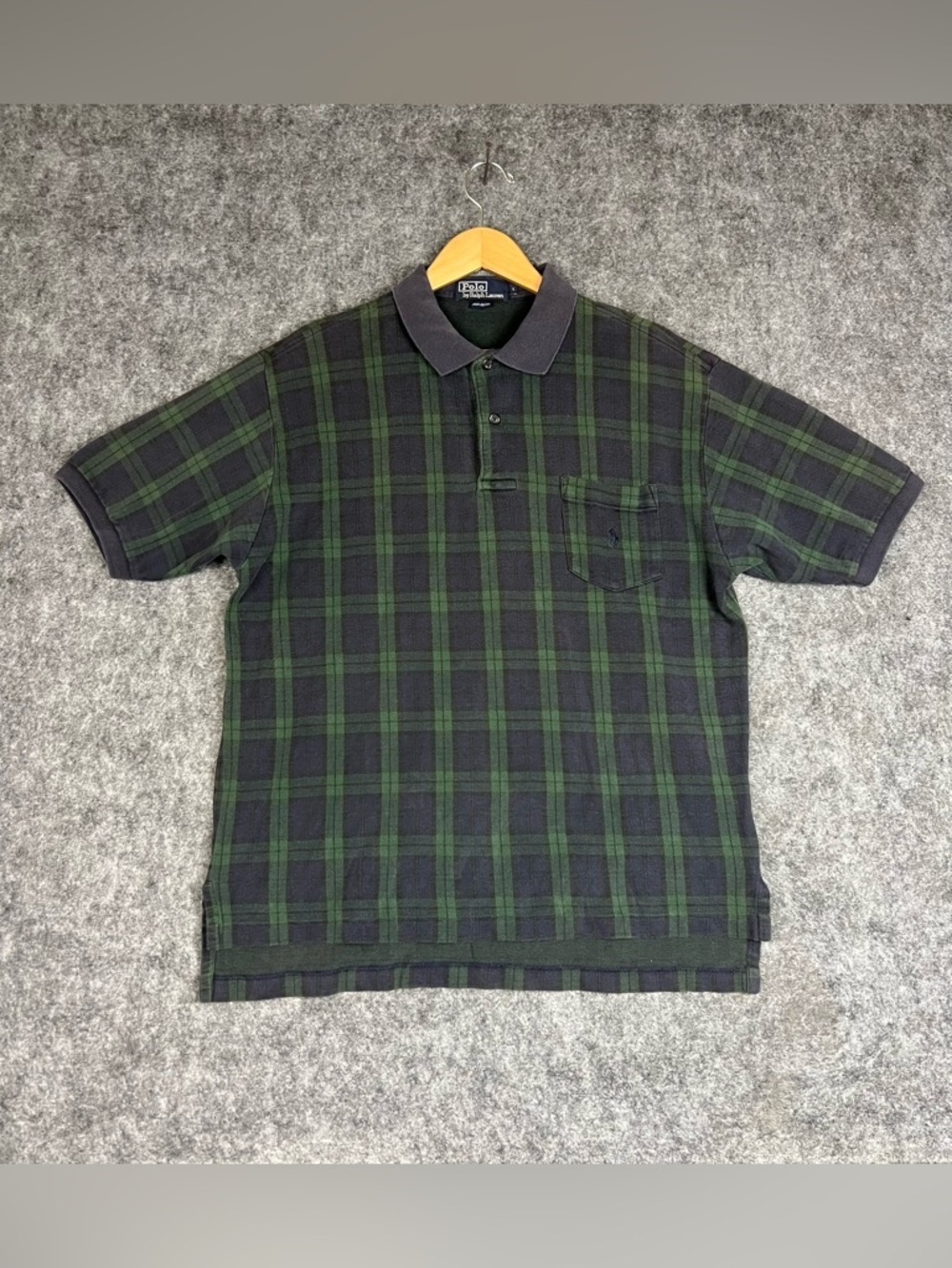 Vintage Ralph Lauren Men's Dark Blue And Green  Plaid Polo Shirt Size L Golfwear